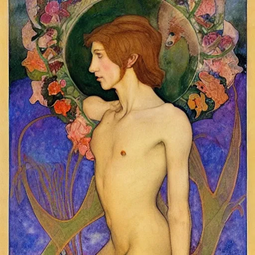 Image similar to the flower prince, by Annie Swynnerton!!!! and Nicholas Roerich! and (Edmund Dulac) and ((((Diego Rivera)))), tattoos, elaborate costume, geometric ornament, symbolist, rich colors, dramatic lighting, smooth, sharp focus, extremely detailed