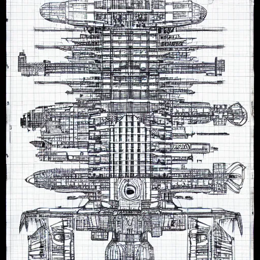 Prompt: detailed blueprint of huge spaceship in style of Junji Ito and Yoshitaka Amano
