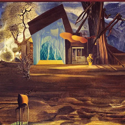 Prompt: A cabin in the woods by Salvador Dali, oil on canvas, 4k, 8k