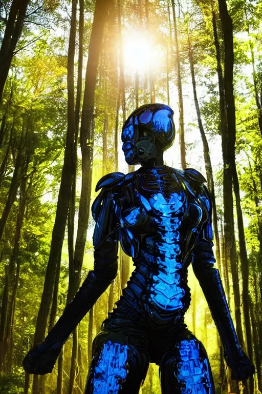 Image similar to hyperrealistic very beautiful black woman, highly detailed exoskeleton armor in a forest, sun behind her, concept art eric zener elson peter, dramatic blue light low angle hd 8k sharp focus