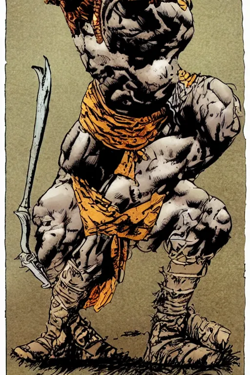 Image similar to ancient historically accurate depiction of the Bible Character Goliath of Gath, the Philistine warrior giant by frank miller