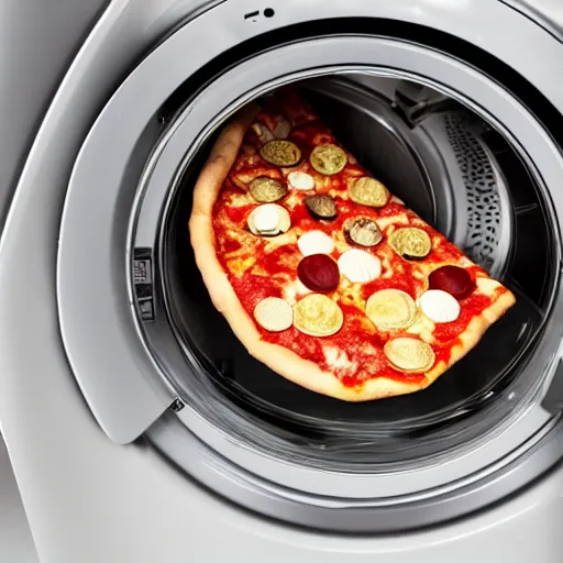 Image similar to photo of a washing machine with pizza spinning inside it