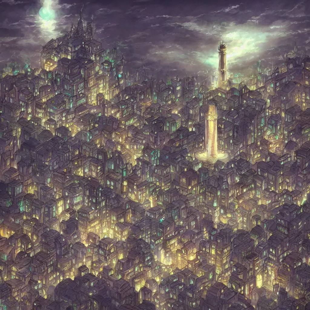 there is a glowing white tower in the dark city, | Stable Diffusion ...
