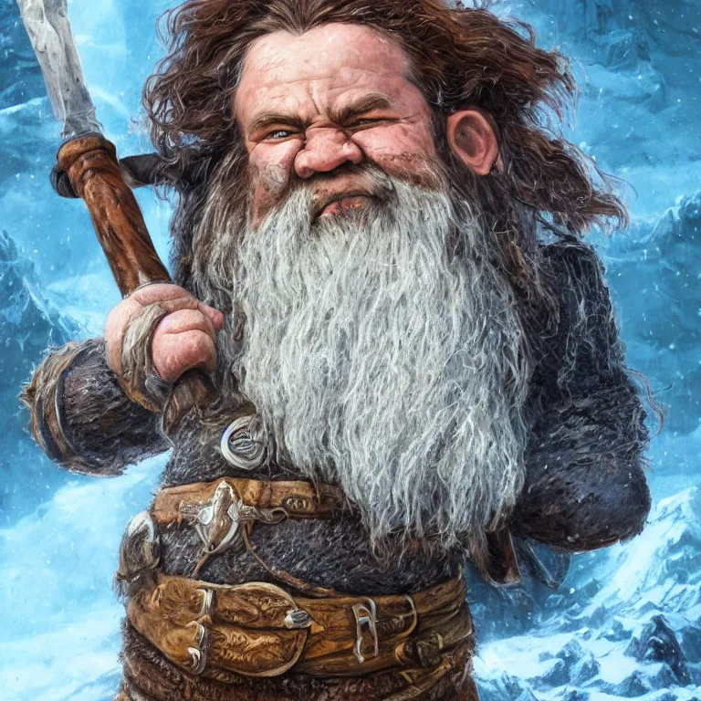 Image similar to dwarf with hammer in mountains, lord of the rings style, fantasy, poster, character portrait, portrait, close up, concept art, intricate details, highly detailed, full body, 8 k, detailed face, body