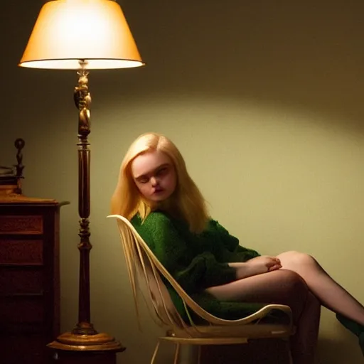 Prompt: Elle Fanning sitting in a green chair at night in the world of Edward Hopper, lamp, extremely detailed masterpiece, oil on canvas, low-key neon lighting, artstation, Blade Runner 2049, Roger Deakin’s cinematography, by J. C. Leyendecker and Peter Paul Rubens,