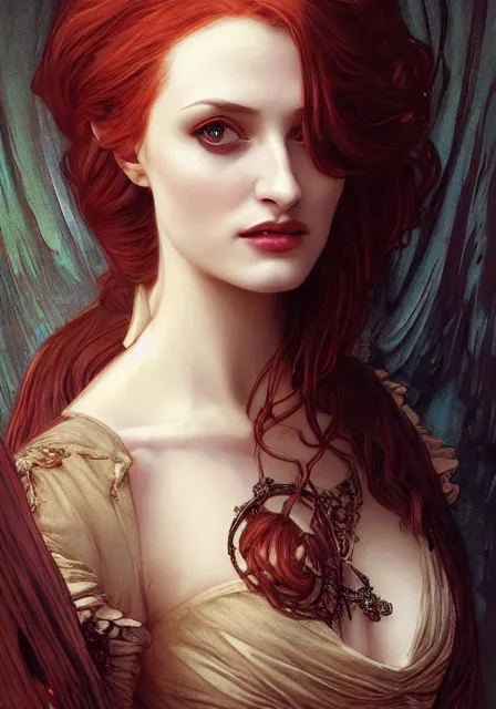 Image similar to sansa angeline jolie gessica chastain victorian vampire, intricate, elegant, highly detailed, digital painting, artstation, concept art, smooth, sharp focus, illustration, art by artgerm and greg rutkowski and alphonse mucha and william - adolphe bouguereau