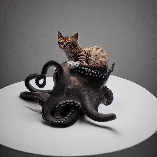 Image similar to an octopus on top of a cat, professional photography