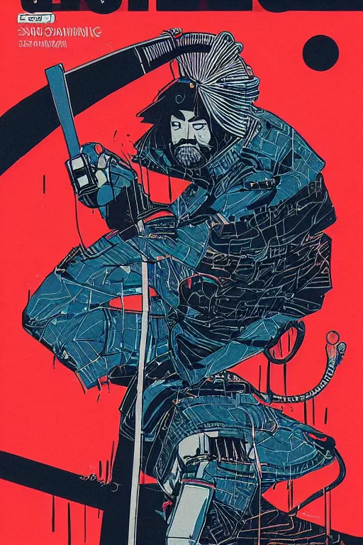 Image similar to 1 9 7 9 omni magazine cover of hiroyuki sanada in a samurai hat. simple stylized cyberpunk photo by josan gonzalez.