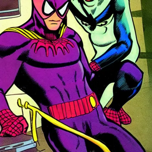 Prompt: a purple spiderman and purple batman by jack kirby