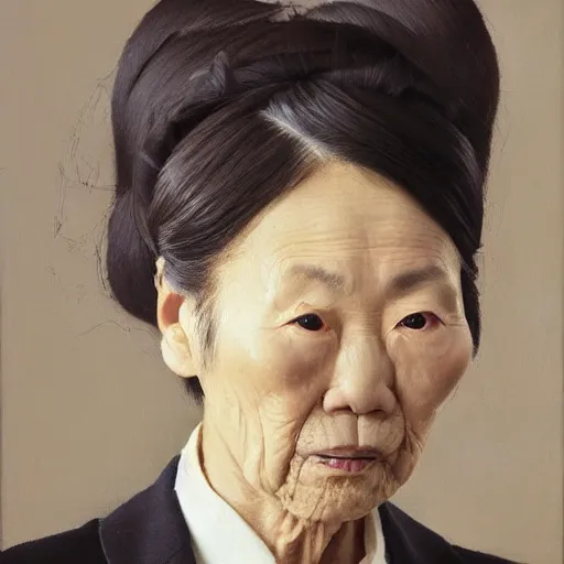 Prompt: portrait of an elderly Japanese woman dressed on a suit and tie, her hair in a tight bun, a serious expression on her face, oil on canvas, elegant pose, masterpiece, Jonathan Yeo painting