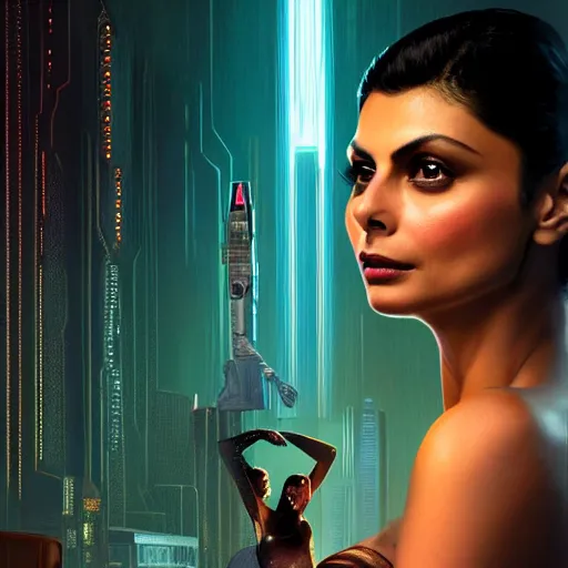 Prompt: beautiful Morena Baccarin, full pallet image, Blade runner artifacts, electronic case display, cyberpunk hologram tech, ultrarealistic, futuristic, three point lighting, dramatic lighting, electrical details, high details, 4k, 8k, best, accurate, trending on artstation, artstation, photorealism, ultrarealistic, digital painting, style of Peter Mohrbacher, Caravaggio, Dali, Boris Vallejo, Hajime Sorayama