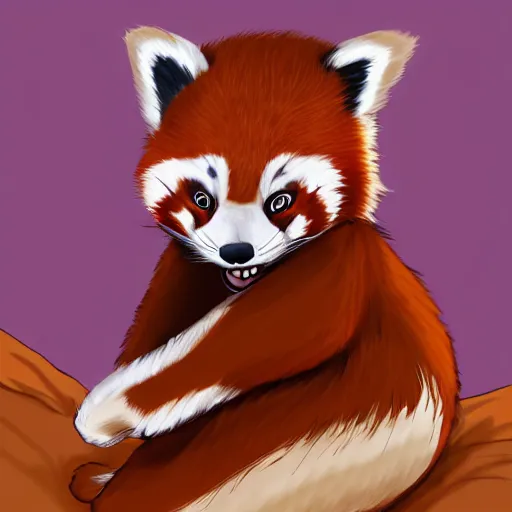 Image similar to commissioned full body portrait of an anthro! red panda waking up in bed! and yawning, trending on furaffinity,