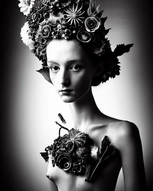 Image similar to a black and white high quality dreamy photo of a young beautiful female queen-pale dragon-vegetal-many big steampunk flowers-cyborg bust with a very long neck, elegant, highly detailed, poetic, soft, dreamy, mysterious, high fashion, in the style of Diane Arbus, Realistic, Refined, Digital Art, Highly Detailed, Cinematic Lighting, rim light, black and white, photo-realistic, 8K