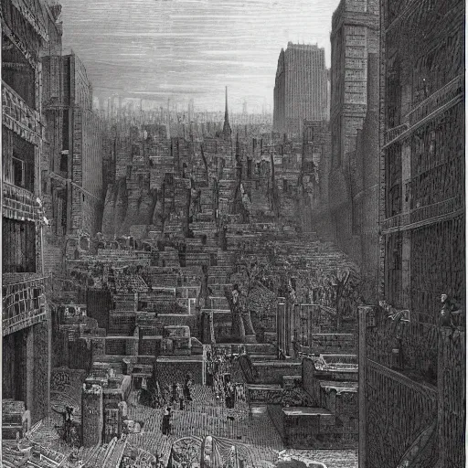 Prompt: new york city being rebuilt as mesopotamian architecture, with a giant basalt statue in the background. gustave dore, italy 1 8 1 6