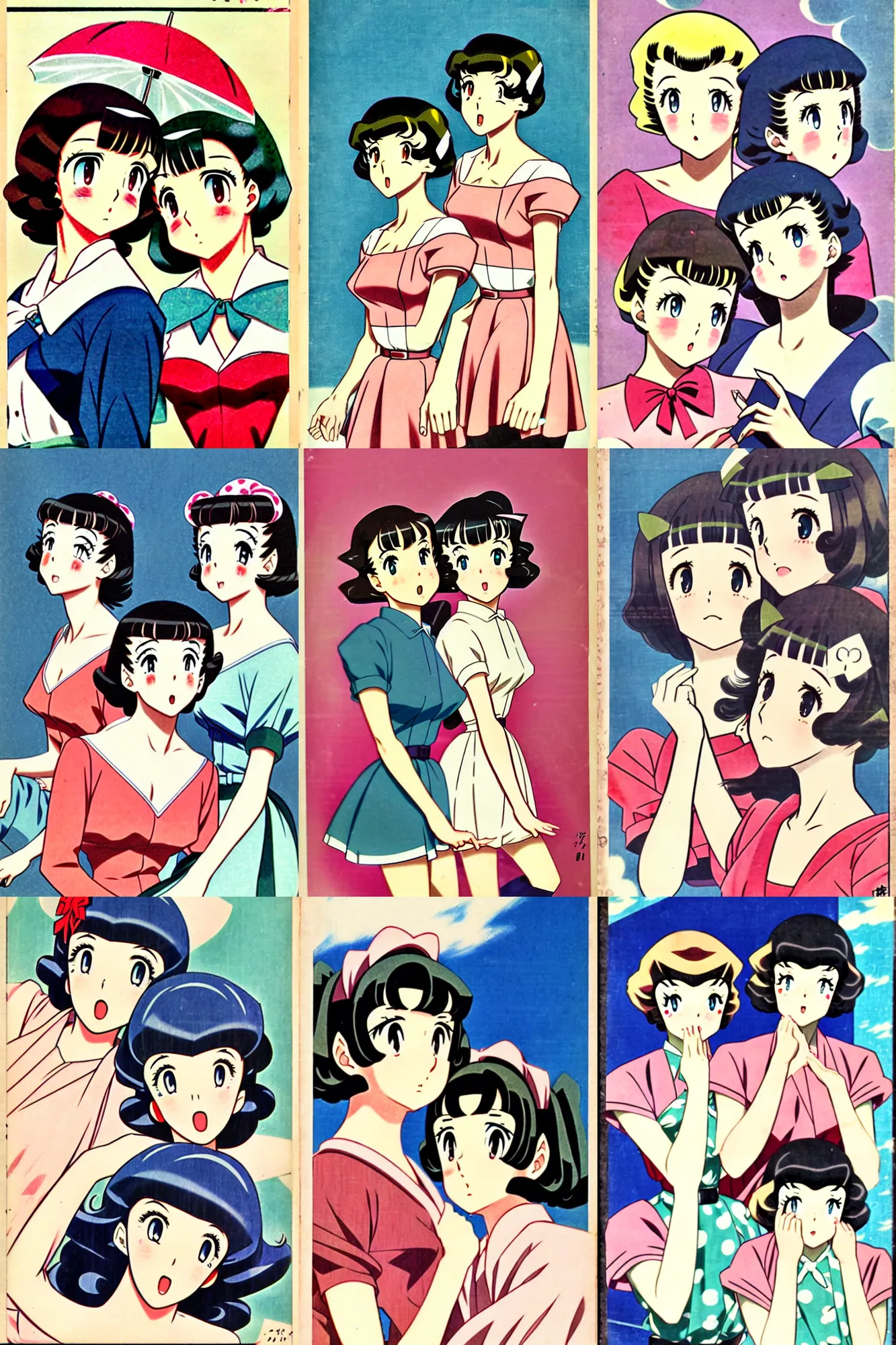 Prompt: ( ( ( ( ( 1 9 5 0 s anime cover art. portrait anime of two girls cute - fine - face. muted colors. ) ) ) ) )