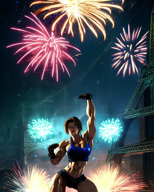 Image similar to gigachad jill valentine bodybuilder jumping in front of a fireworks show fighting in racoon city, fantasy character portrait, ultra realistic, anime key visual, full body concept art, intricate details, highly detailed by greg rutkowski, ilya kuvshinov, gaston bussiere, craig mullins, simon bisley