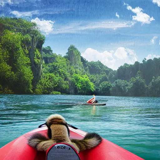Prompt: a human - sized lemur on a stand up paddleboard floating down the middle of a river with cliffs on either side, digital art, highly detailed, landscape art, rule of thirds, summer lighting