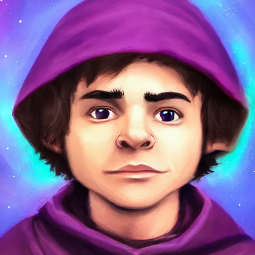 Prompt: Profile picture of a young halfling wizard. Medium length brown hair, hooded purple cloak. Glowing blue wand. Organic Painting, Matte Painting, meaningful