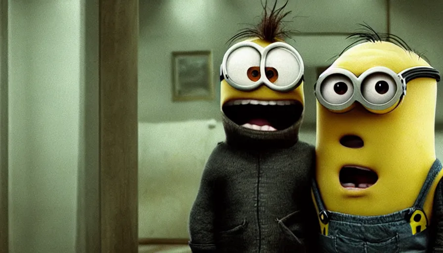 Image similar to the movie se7en!!!!!!!!!!! starring ((minions)), movie still, directed by David fincher