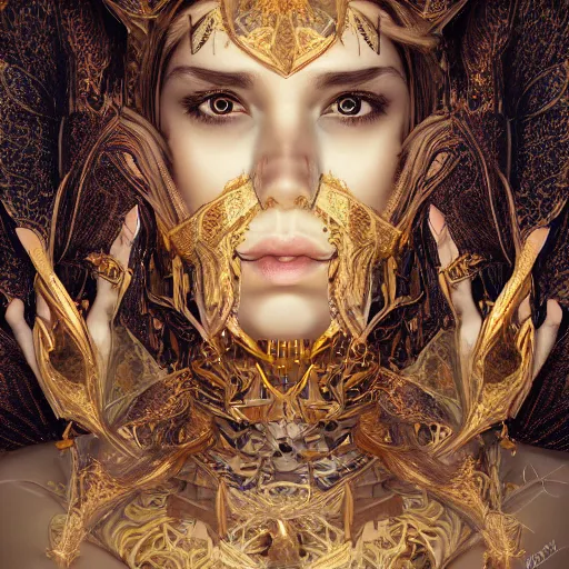 Image similar to human portrait, ethereal, face, crystal, intrincate, cgsociety, devianart, ornate, maximalist, fine art, golden details, carved, tarot card enviroment