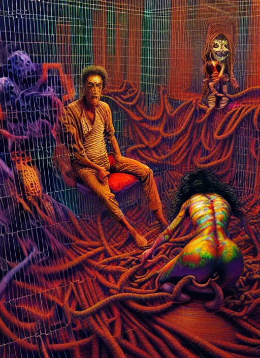 Prompt: realistic detailed photo rendered in octane 3d , of family trapped in a cage in a modern detailed capitalist studio with furniture and carpets in the eternal hyperspace of doom, shipibo , by Francis Bacon, by Ayami Kojima, Amano, Karol Bak, Greg Hildebrandt, and Mark Brooks , by Alex Grey. rich deep colors. Beksinski painting, art by Takato Yamamoto. masterpiecemasterpiece