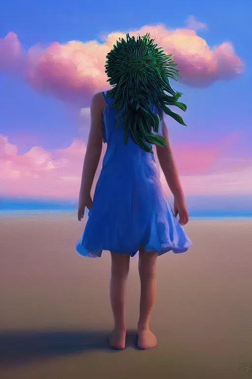 Image similar to closeup huge dahlia flower head, girl standing on beach, surreal photography, blue sky, sunrise, dramatic light, impressionist painting, digital painting, artstation, simon stalenhag