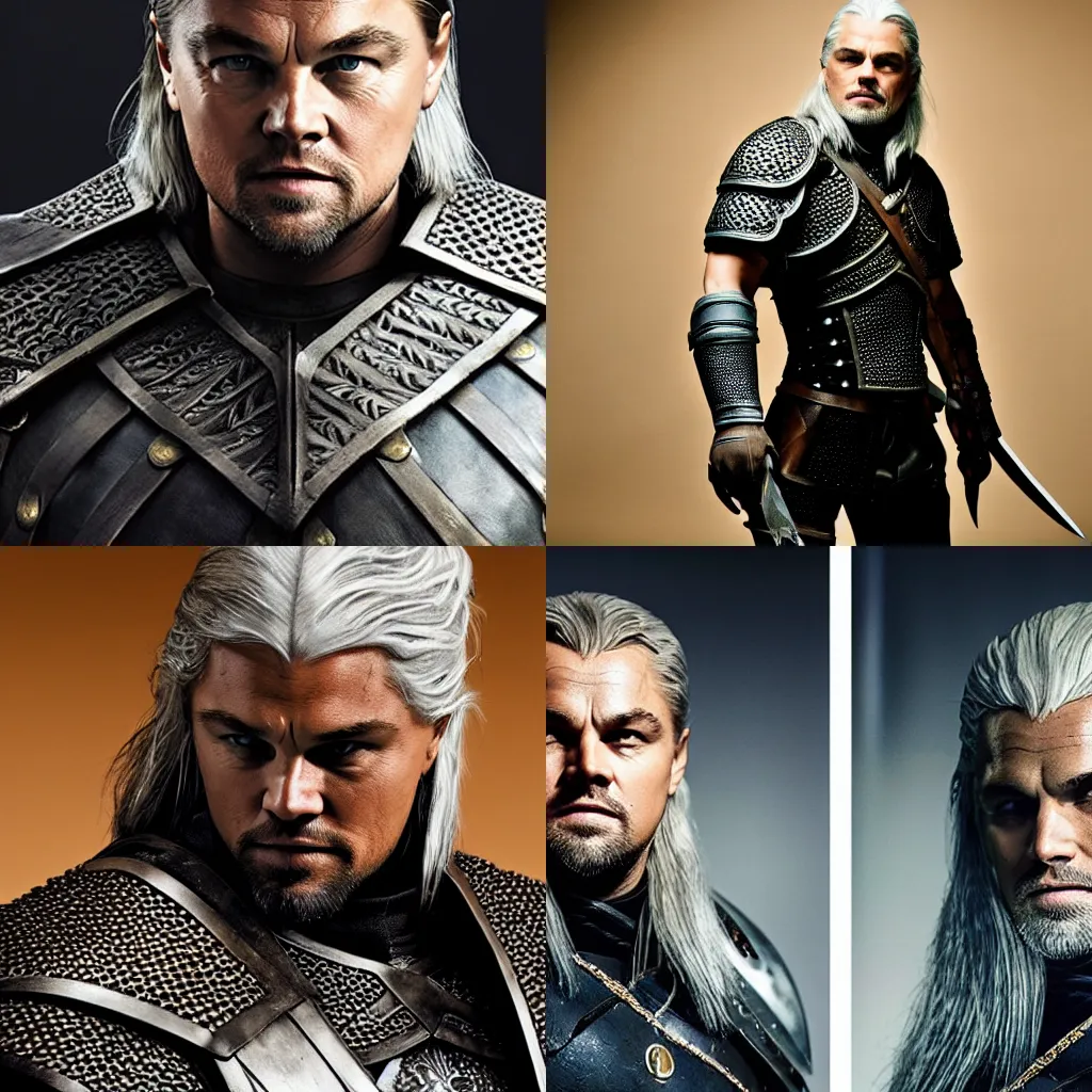 Prompt: Leonardo Dicaprio wearing Geralt of Rivia\'s armor, promo shoot, studio lighting