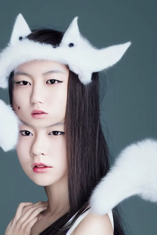 Image similar to aesthetic photograph of alluring young Japanese woman wearing white cat ears, by Nick Knight and jia ruan, headshot, cosplay, realistic, photorealistic, HD, 4k resolution