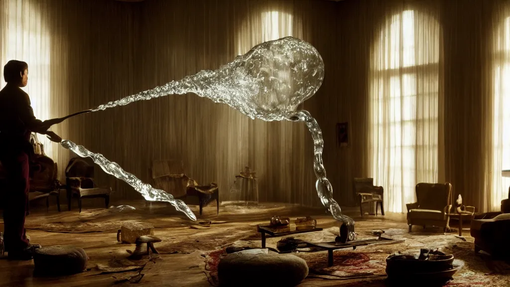 Image similar to a giant hand made of wax and water floats through the living room, film still from the movie directed by Denis Villeneuve with art direction by Salvador Dalí, wide lens