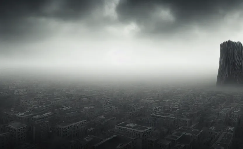 Prompt: Highly detailed Photograph of a colossal human skeleton, looming over a city giving off a sense of foreboding, hyper-realistic, volumetric fog, 8k resolution, maximum detail,