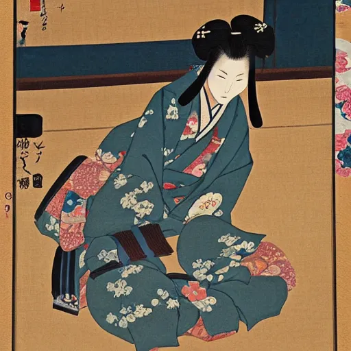 Image similar to Fox woman wearing a kimono, sitting outside in the early morning drinking tea, Japanese style painting, high detail