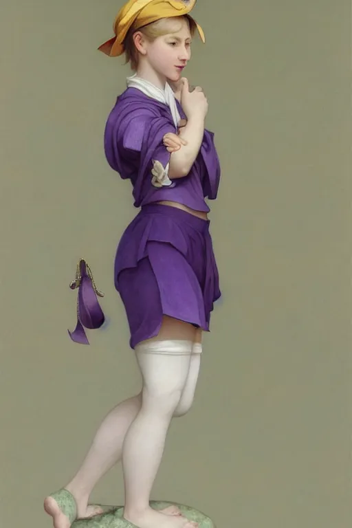 Image similar to Full View girl with short blond hair wearing an oversized purple Beret, Baggy Purple overall shorts, Short Puffy pants made of silk, silk shoes, a big billowy scarf, Golden Ribbon, and white leggings Covered in stars. Short Hair. masterpiece 4k digital illustration by Ruan Jia and Mandy Jurgens and Artgerm and william-adolphe bouguereau, award winning, Artstation, art nouveau aesthetic, Alphonse Mucha background, intricate details, realistic, panoramic view, Hyperdetailed, 8k resolution, intricate art nouveau