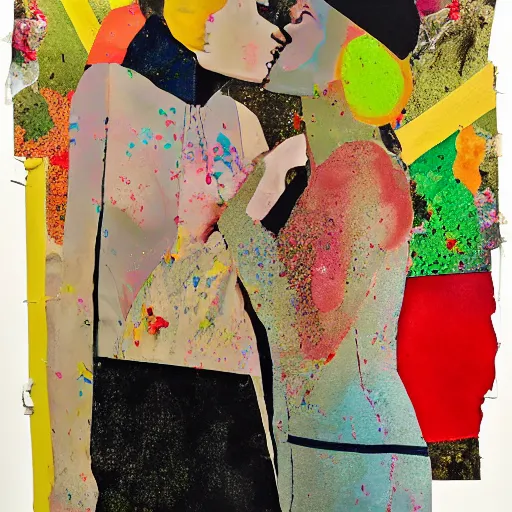 Image similar to two women kissing at a carnival, mixed media collage, futuristic, paper collage, magazine collage, acrylic paint splatters, bauhaus, claymation, layered paper art, sapphic visual poetry expressing the utmost of desires by jackson pollock