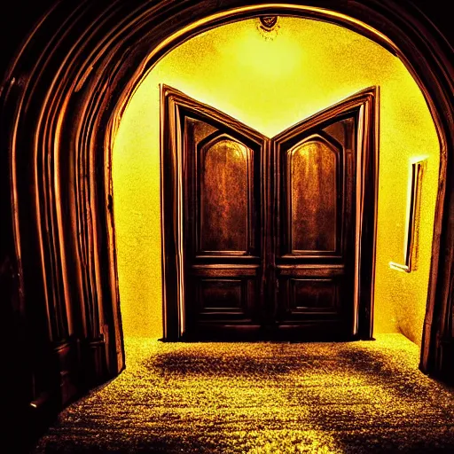 Image similar to a portal to new universe inside of an ornate door frame, wide angle, golden light, rainbows, vortex, 1 6 : 9,