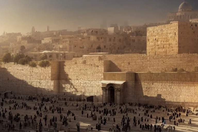 Prompt: the western wall made out of steel, matte painting, long shot, concept art, wide shot, digital art, trending on artstation, 4 k, extremely detailed, realistic, midday, warm colors, golden sunlight, by greg rutkowski, cinematic, epic