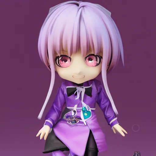 Image similar to portrait of a anime and chibi very cute doll with purple jacket design by xkung work, nendoroid, kawaii, cyberpunk fashion, character modeling, maximalist sculpted design, toy design, substance 3 d painter, vray, soft vinyl, trending in artstation