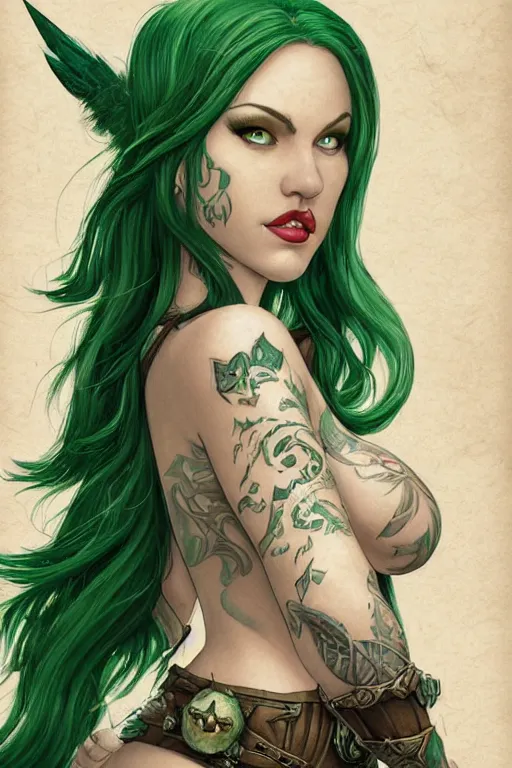 Image similar to green hair tattooed pinup hannah murray, rogue bard, feathers, baldurs gate, diablo, dnd, hulking, herculean, deep focus, turnaround, fantasy, intricate, elegant, highly detailed, digital painting, artstation, concept art, matte, sharp focus, illustration, hearthstone, art by artgerm and greg rutkowski and alphonse mucha.