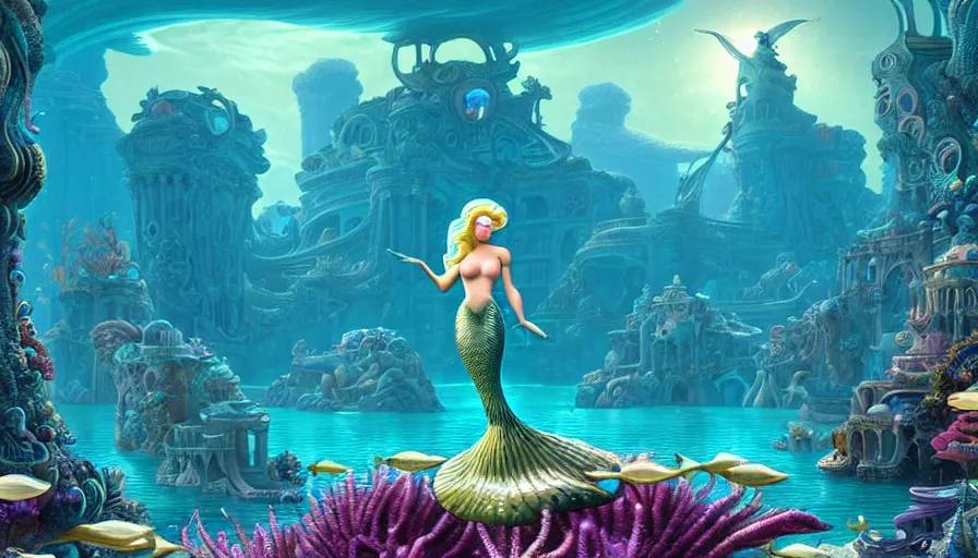 Prompt: a beautiful mermaid looking at the sunken city of Atlantis under water, rays of sunlight, stunning grand architecture in the style of Joe Fenton, fish and sea creatures in background, detailed digital art style by Tom Whalen, 8k octane beautifully detailed render, post-processing, extremely hyperdetailed, intricate, epic composition, grim yet sparkling atmosphere, cinematic lighting + masterpiece, trending on artstation, very detailed, vibrant colors, Art Nouveau, volumetric god rays, deep underwater scene, sharp focus, smooth, dizzy, moody