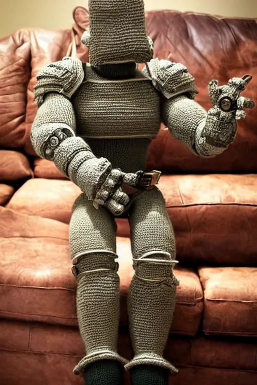 Prompt: knitted power armor from fallout lies on the couch