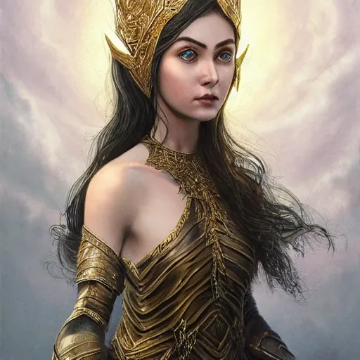 Prompt: portrait of a young female elven royalty, princess, fantasy, black hair, gold armour, white skin, detailed face, trending on artstation, gsociety, D&D, elegant, highly detailed, realistic eyes, detailed illustration, smooth, sharp focus, upper body, intricate, rule of thirds, holy glow, backlit, hd 4k by Greg Rutkowski, Alphonse Mucha, Ayami Kojima, Charlie Bowater, Kentaro Miura, Karol Bak, Greg Hildebrandt, Norman Rockwell