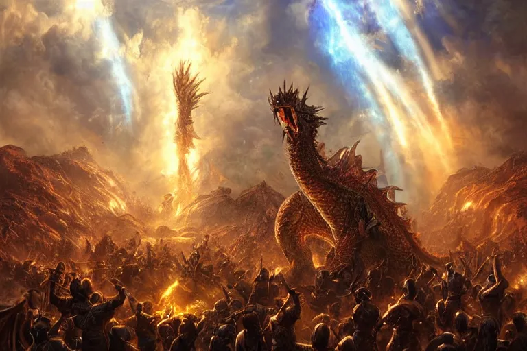 Prompt: ultra realist soft painting of a thousand warriors facing a single gigantic dragon breathing fire, very intricate details, golden ratio, volumetric rainbow lighting, reflections, refractions, symmetry accurate anatomy features, fantasy war scene background, unreal render, Boris Vallejo artstyle