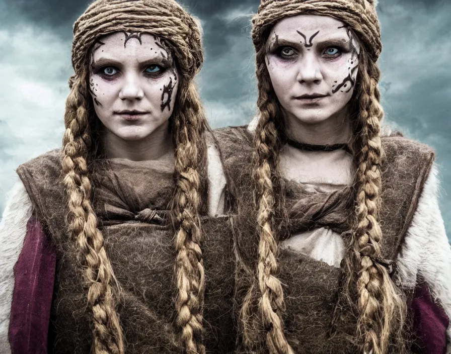 Image similar to a young female viking seer witch in the village. Seer wears traditional viking markings and makeup. Highly detailed. 8k. Fantasy horror.