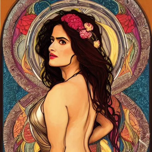 Image similar to salma hayek portrait, mucha style