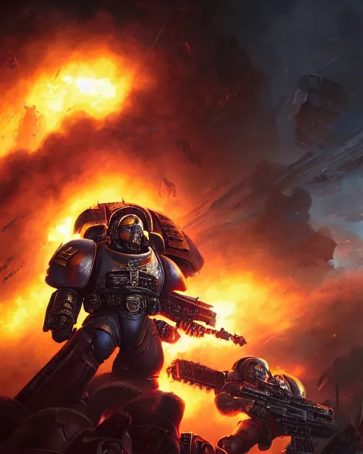 Image similar to space marine surrounded by explosions and burning buildings, sharp focus, hyper detailed, dark fantasy, warhammer 4 0 k, digital painting, by by artgerm and greg rutkowski and magali villeneuve