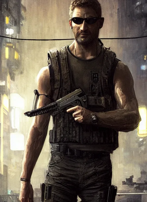 Prompt: sam fisher. cyberpunk mercenary in a military vest ( blade runner 2 0 4 9, cyberpunk 2 0 7 7 ). orientalist portrait by john william waterhouse and james gurney and theodore ralli and nasreddine dinet, oil on canvas. cinematic, hyper realism, realistic proportions, dramatic lighting, high detail 4 k