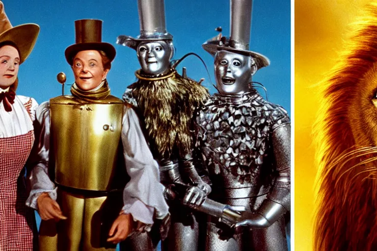 Prompt: Cinematography the wonderful wizard of Oz and Dorothy, tin man, the lion, the scarecrow by Emmanuek Lubensky