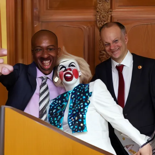Image similar to president clown taking a selfie in a podium next to first minister