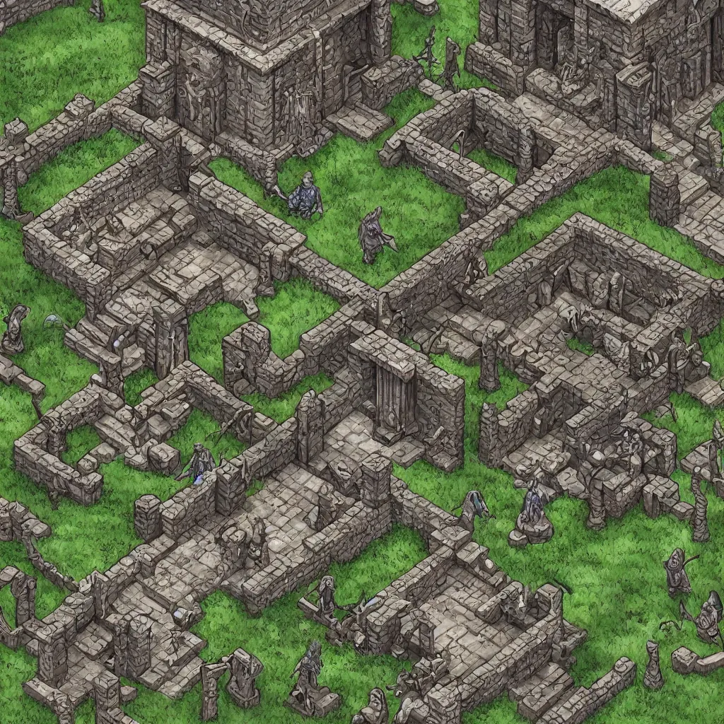 Image similar to tomb of elemental evil, isometric view, tileset, dungeons and dragons art by d. a. trampier, d & d tabletop miniature