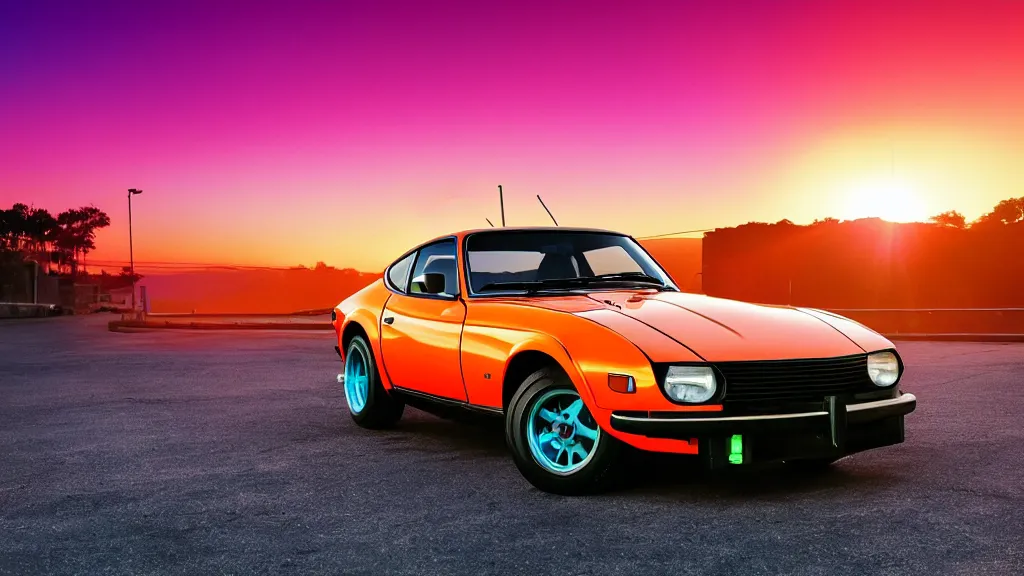 Image similar to neon synthwave 1 9 7 5 datsun 2 6 0 z at sunset, 8 k. filling most of the view