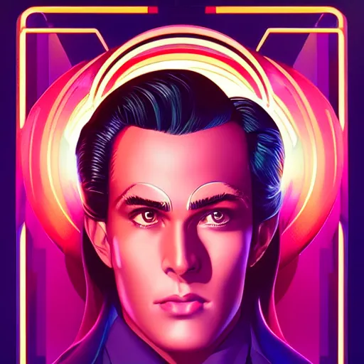 Image similar to a stunning glamor profile portrait of an art deco synthwave man, 80s nostalgia, by Evelyn De Morgan and Ross Tran, rossdraws